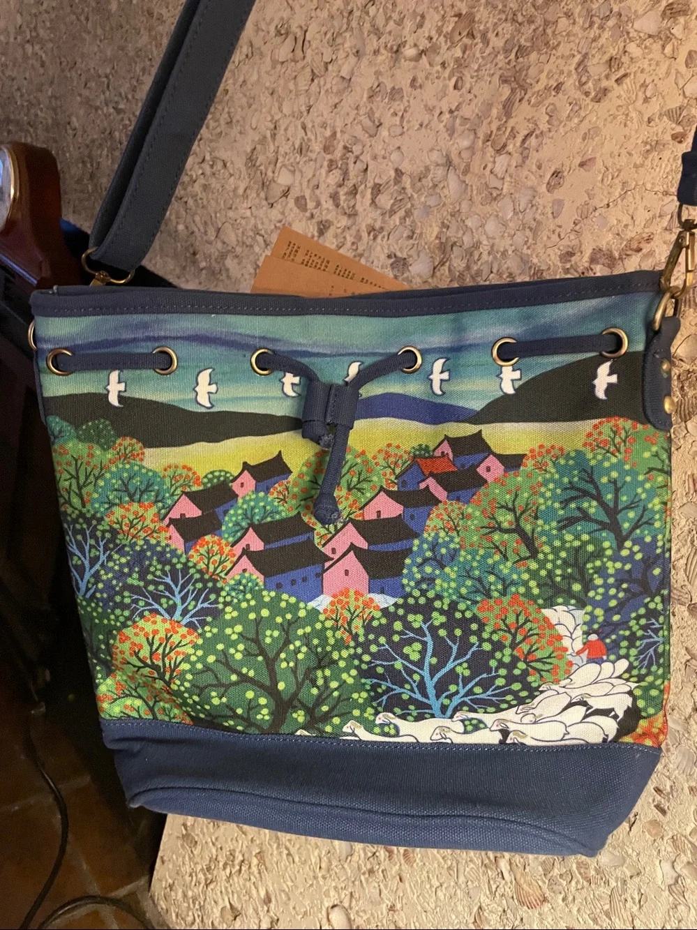 Scenic Canvas Shoulder Bag with Blue and Green Print